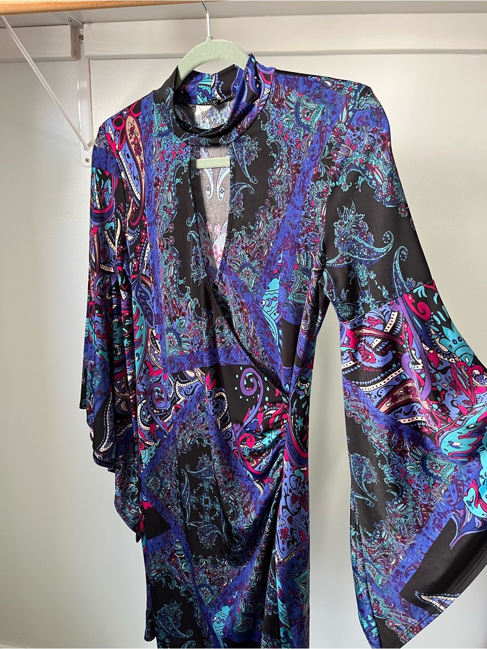 Vintage 90s VENUS Paisley Choker Wrap Dress Whimsical Witchy Sleeves